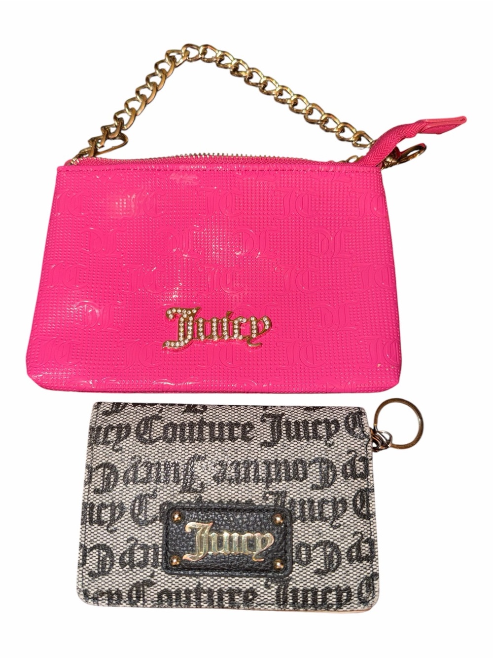 Juicy Couture Hot Pink Chain Wristlet & Monogram Jacquard Card Case Wallet Lot
